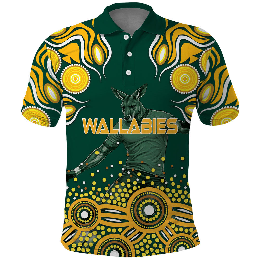 Australia Wallabies Polo Shirt Aboriginal Rugby Kangaroo Mascot - Gold And Green