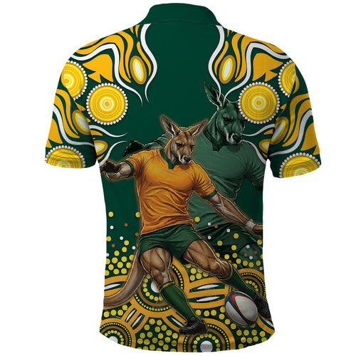 Australia Wallabies Polo Shirt Aboriginal Rugby Kangaroo Mascot - Gold And Green
