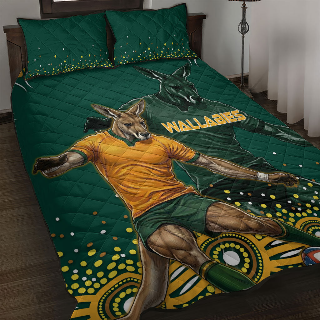 Australia Wallabies Quilt Bed Set Aboriginal Rugby Kangaroo Mascot - Gold And Green