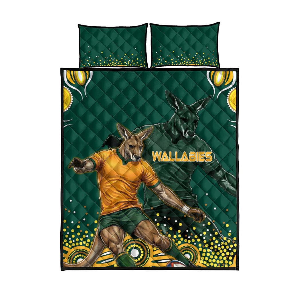 Australia Wallabies Quilt Bed Set Aboriginal Rugby Kangaroo Mascot - Gold And Green