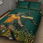 Australia Wallabies Quilt Bed Set Aboriginal Rugby Kangaroo Mascot - Gold And Green