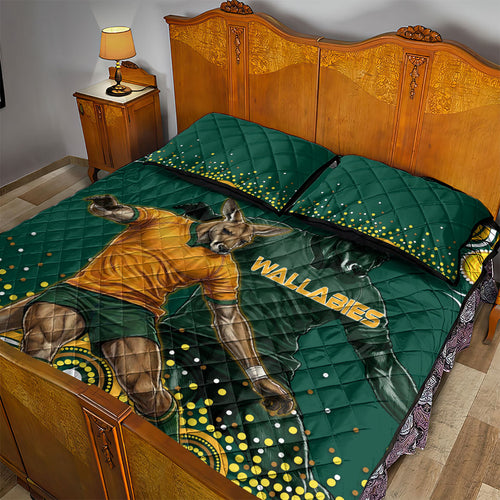 Australia Wallabies Quilt Bed Set Aboriginal Rugby Kangaroo Mascot - Gold And Green