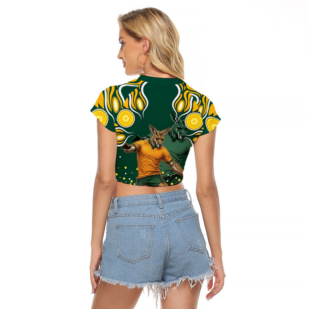 Australia Wallabies Raglan Cropped T Shirt Aboriginal Rugby Kangaroo Mascot - Gold And Green