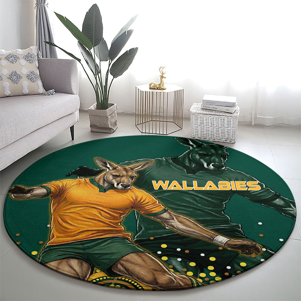 Australia Wallabies Round Carpet Aboriginal Rugby Kangaroo Mascot - Gold And Green