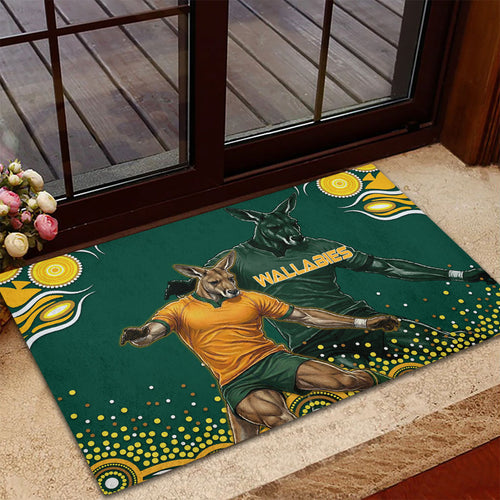 Australia Wallabies Rubber Doormat Aboriginal Rugby Kangaroo Mascot - Gold And Green