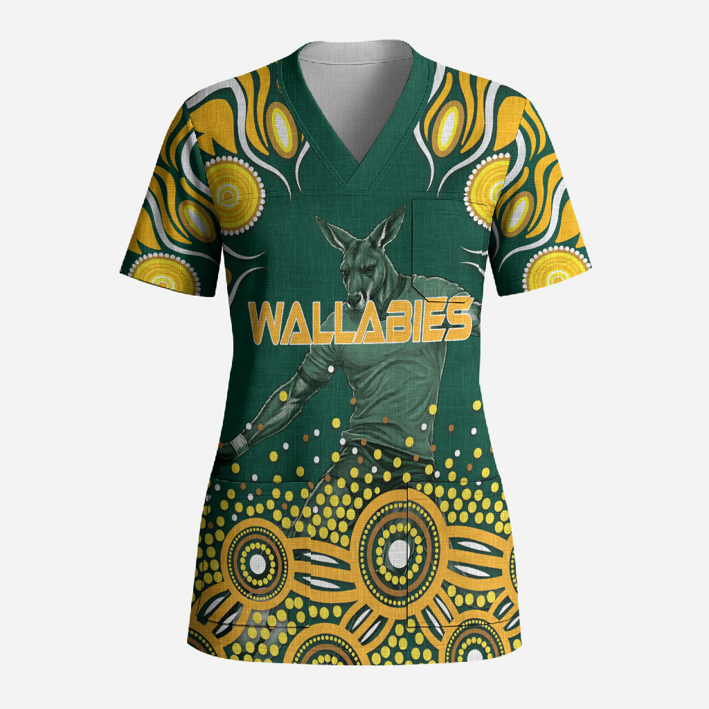 Australia Wallabies Scrub Top Aboriginal Rugby Kangaroo Mascot - Gold And Green