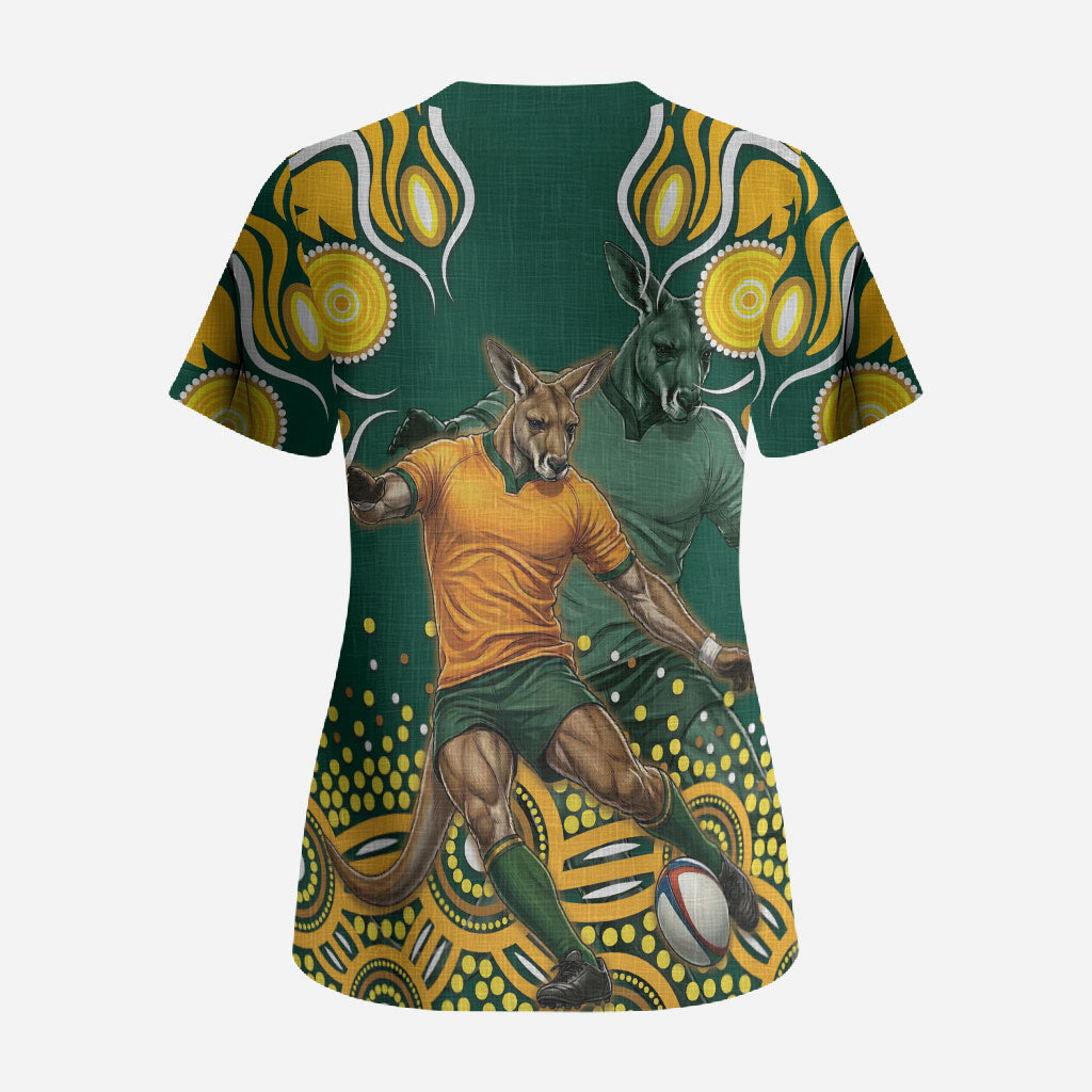 Australia Wallabies Scrub Top Aboriginal Rugby Kangaroo Mascot - Gold And Green