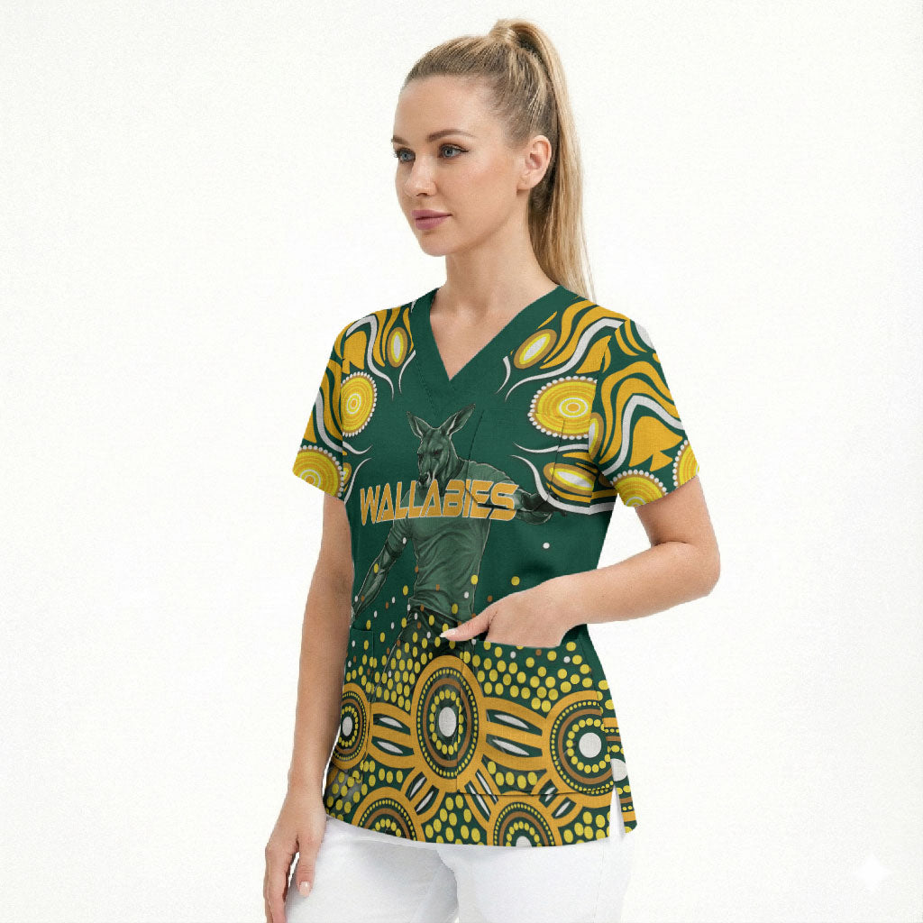 Australia Wallabies Scrub Top Aboriginal Rugby Kangaroo Mascot - Gold And Green