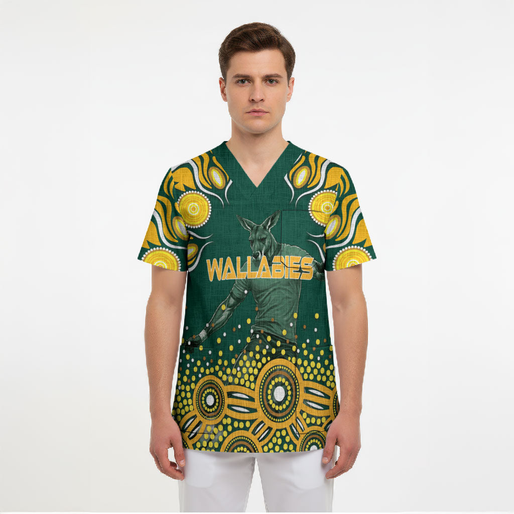 Australia Wallabies Scrub Top Aboriginal Rugby Kangaroo Mascot - Gold And Green