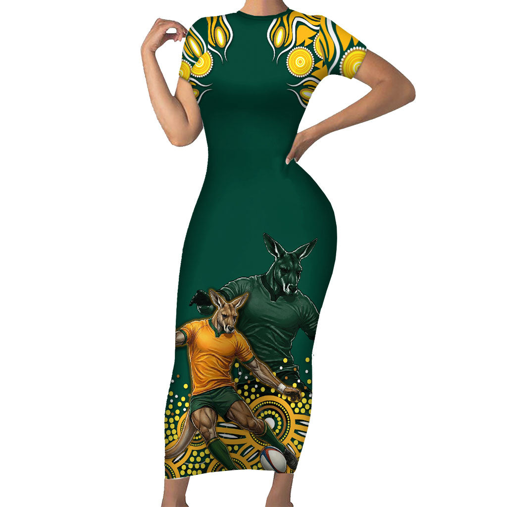 Australia Wallabies Short Sleeve Bodycon Dress Aboriginal Rugby Kangaroo Mascot - Gold And Green