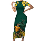 Australia Wallabies Short Sleeve Bodycon Dress Aboriginal Rugby Kangaroo Mascot - Gold And Green