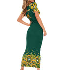 Australia Wallabies Short Sleeve Bodycon Dress Aboriginal Rugby Kangaroo Mascot - Gold And Green