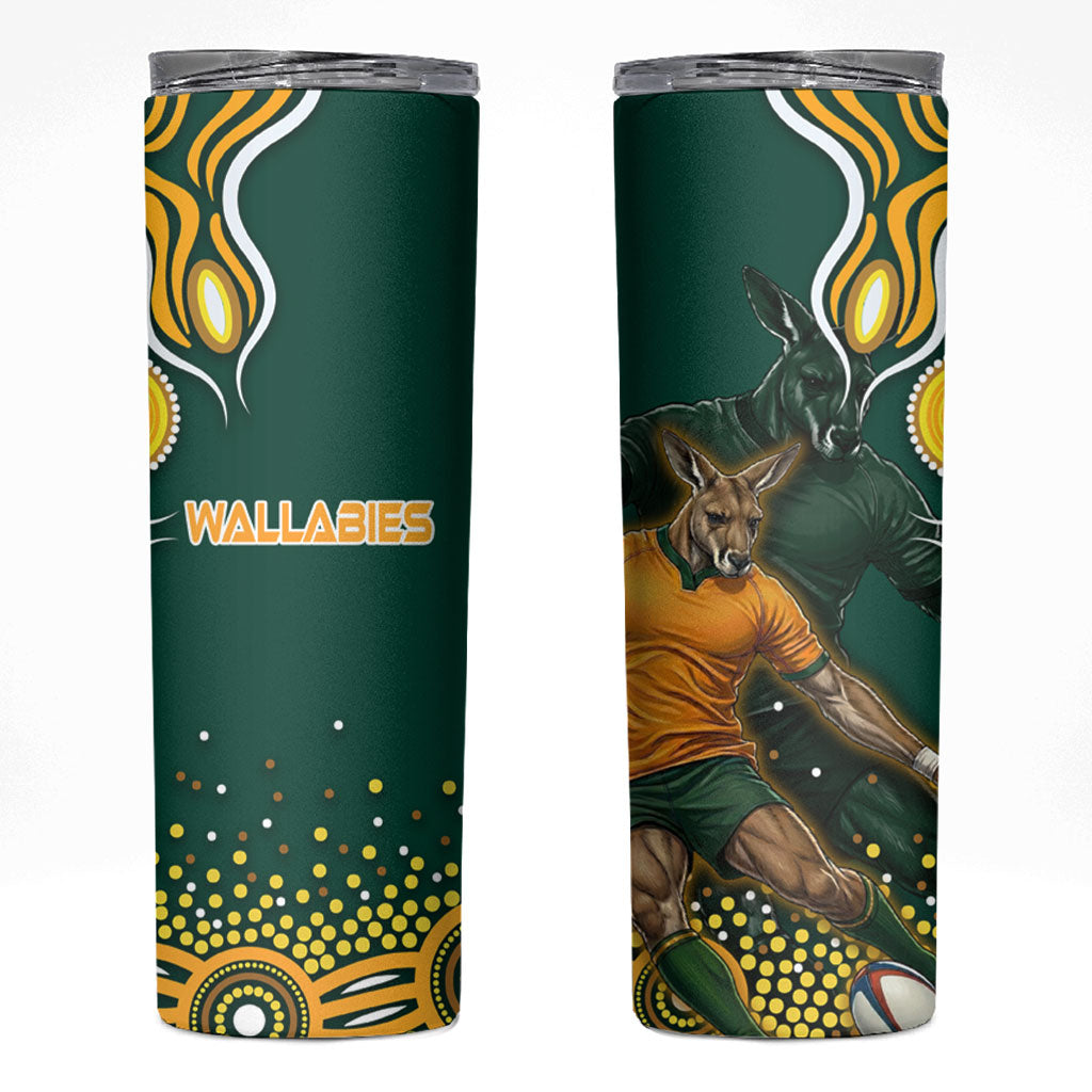 Australia Wallabies Skinny Tumbler Aboriginal Rugby Kangaroo Mascot - Gold And Green