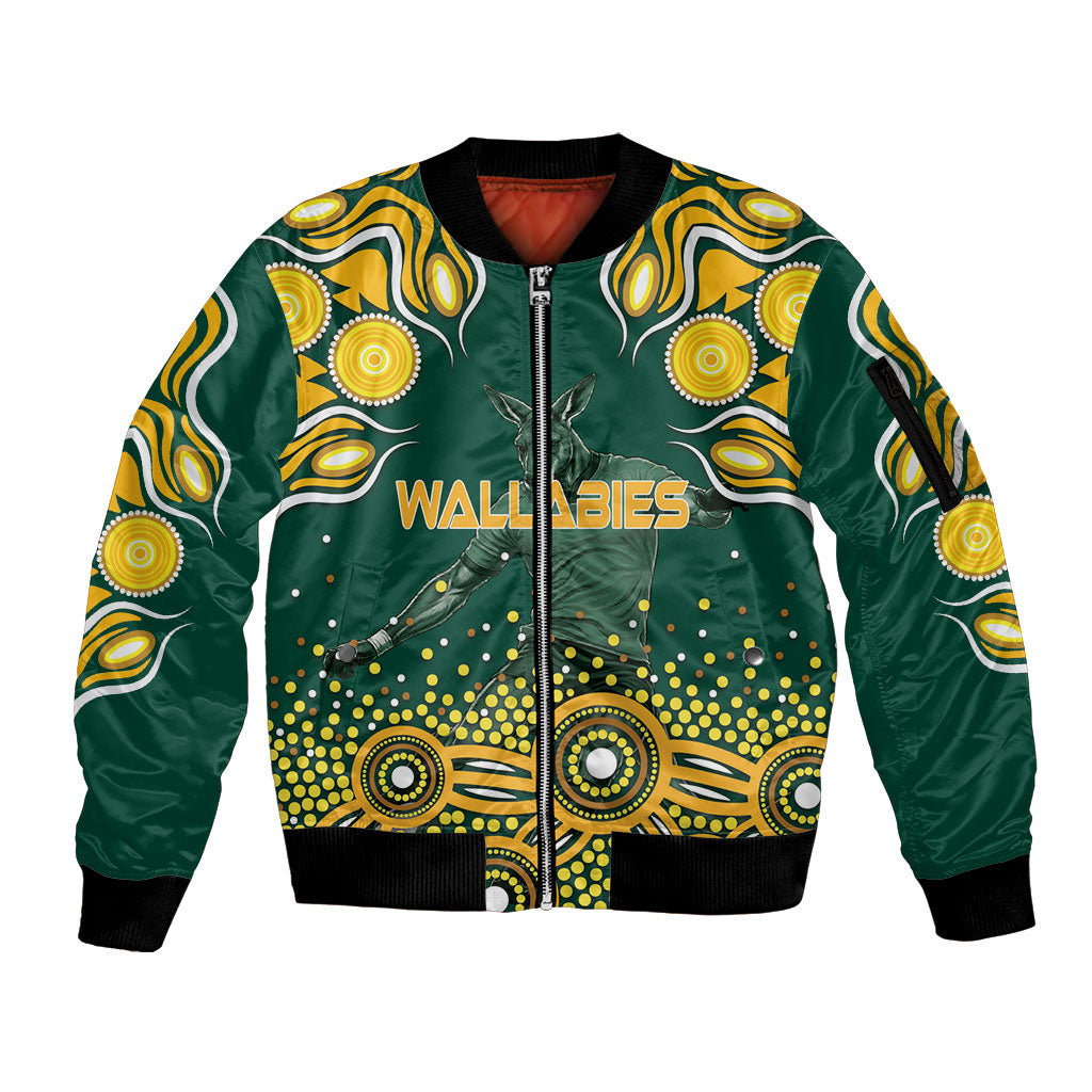 Australia Wallabies Sleeve Zip Bomber Jacket Aboriginal Rugby Kangaroo Mascot - Gold And Green