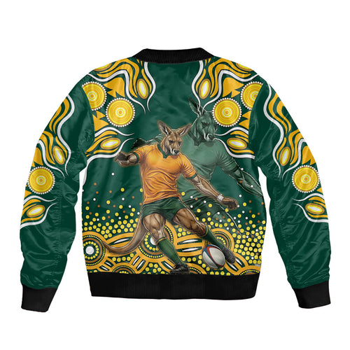 Australia Wallabies Sleeve Zip Bomber Jacket Aboriginal Rugby Kangaroo Mascot - Gold And Green