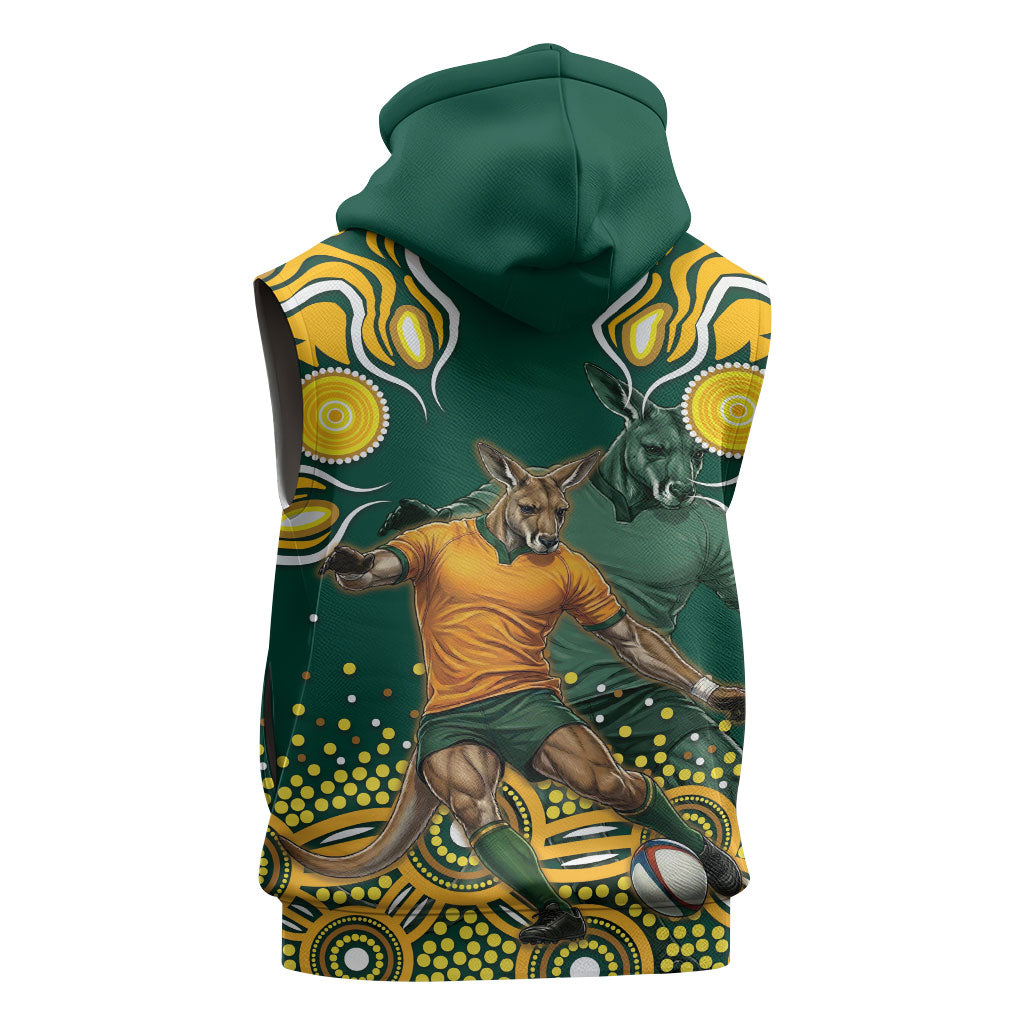 Australia Wallabies Sleeveless Hoodie Aboriginal Rugby Kangaroo Mascot - Gold And Green