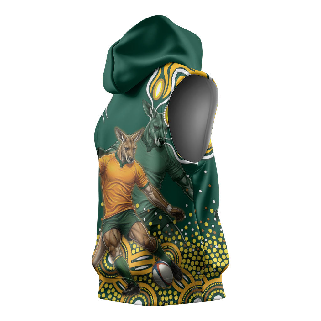 Australia Wallabies Sleeveless Hoodie Aboriginal Rugby Kangaroo Mascot - Gold And Green
