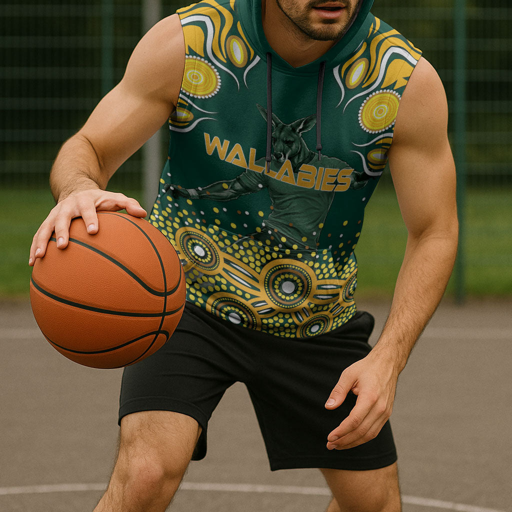 Australia Wallabies Sleeveless Hoodie Aboriginal Rugby Kangaroo Mascot - Gold And Green