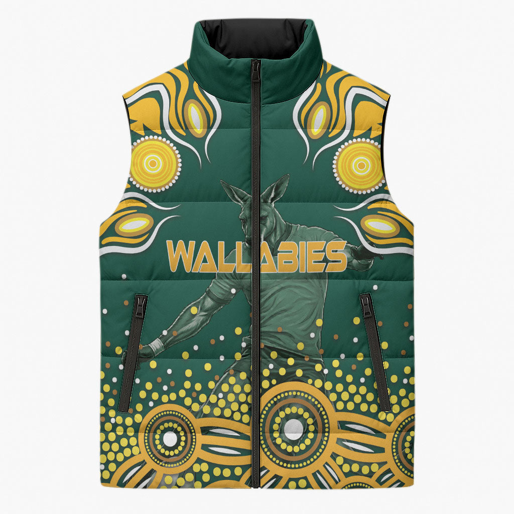 Australia Wallabies Sleeveless Puffer Jacket Aboriginal Rugby Kangaroo Mascot - Gold And Green