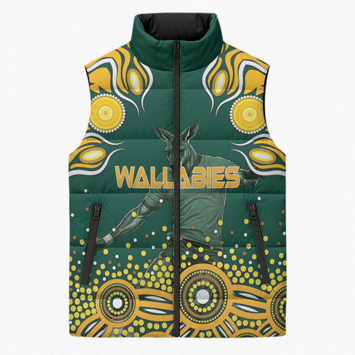 Australia Wallabies Sleeveless Puffer Jacket Aboriginal Rugby Kangaroo Mascot - Gold And Green