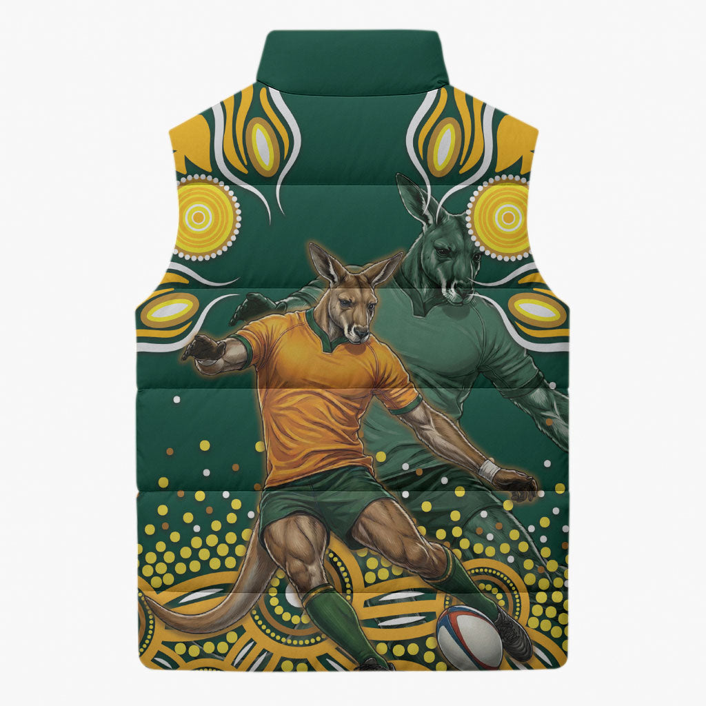 Australia Wallabies Sleeveless Puffer Jacket Aboriginal Rugby Kangaroo Mascot - Gold And Green