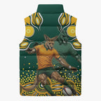 Australia Wallabies Sleeveless Puffer Jacket Aboriginal Rugby Kangaroo Mascot - Gold And Green