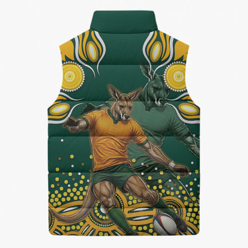 Australia Wallabies Sleeveless Puffer Jacket Aboriginal Rugby Kangaroo Mascot - Gold And Green
