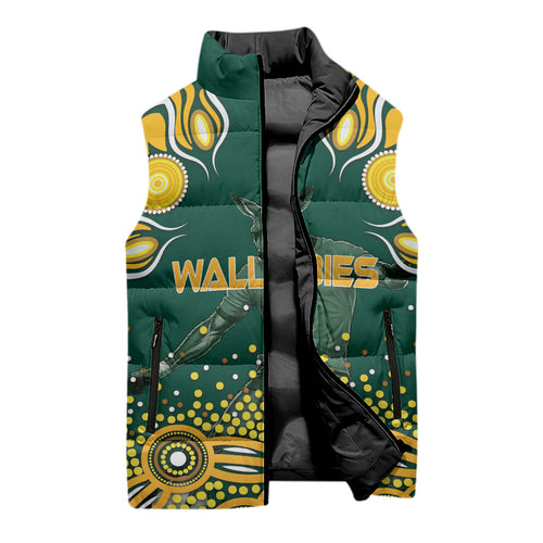 Australia Wallabies Sleeveless Puffer Jacket Aboriginal Rugby Kangaroo Mascot - Gold And Green