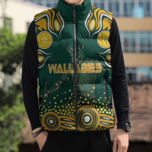 Australia Wallabies Sleeveless Puffer Jacket Aboriginal Rugby Kangaroo Mascot - Gold And Green