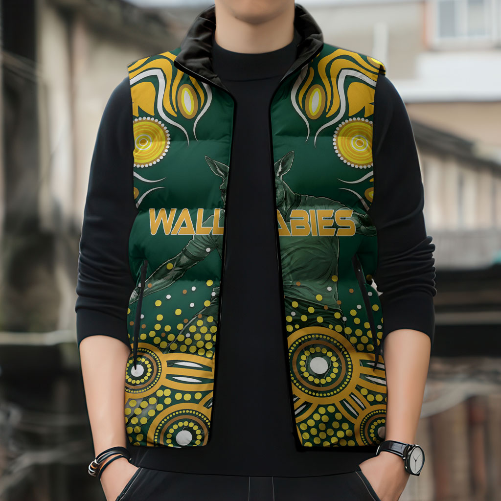 Australia Wallabies Sleeveless Puffer Jacket Aboriginal Rugby Kangaroo Mascot - Gold And Green