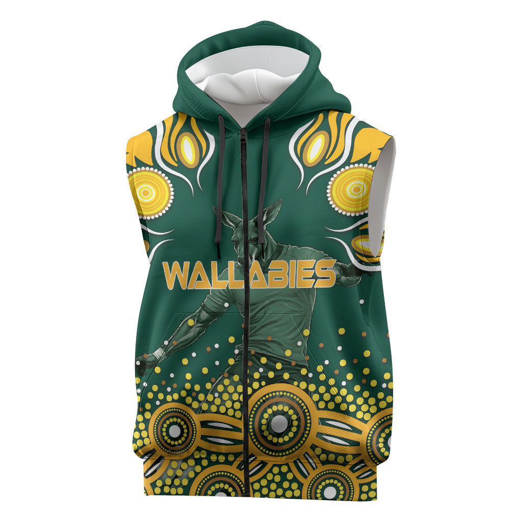 Australia Wallabies Sleeveless Zip Hoodie Aboriginal Rugby Kangaroo Mascot - Gold And Green