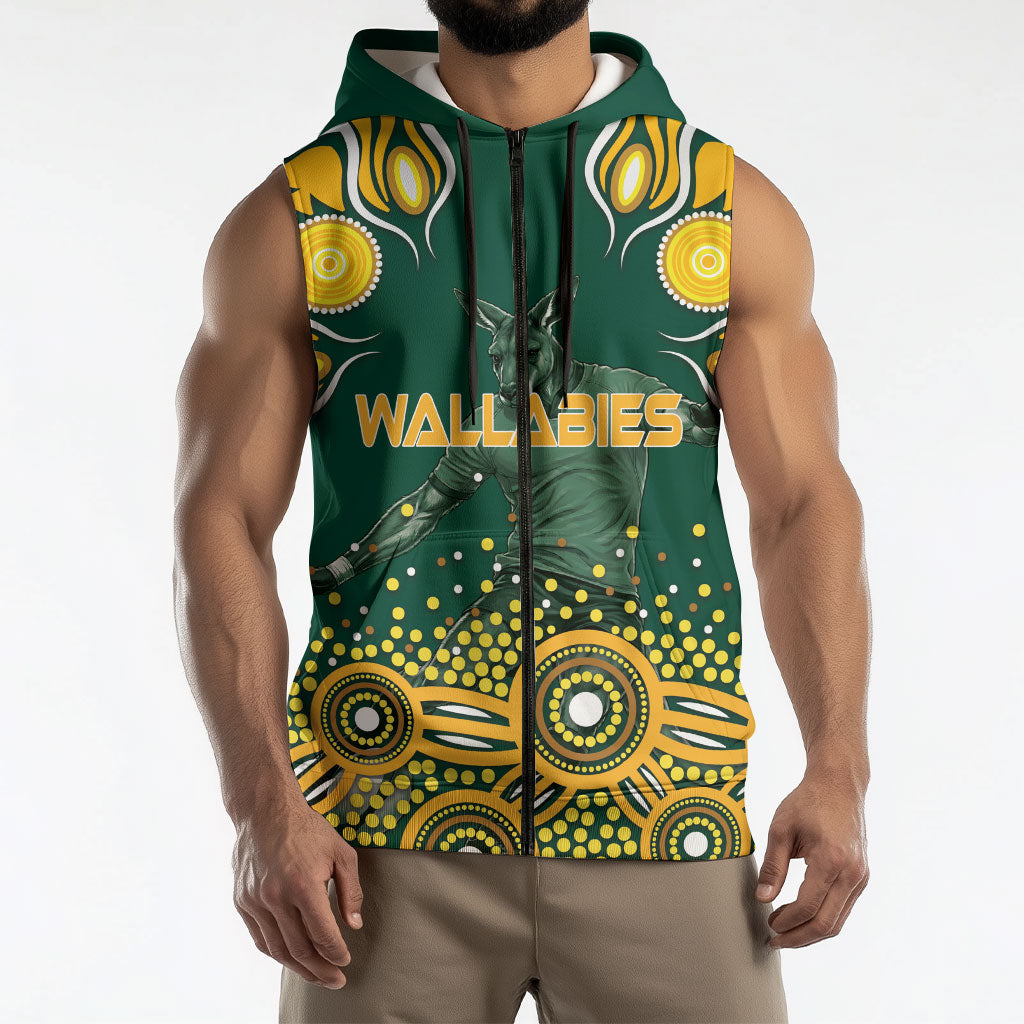 Australia Wallabies Sleeveless Zip Hoodie Aboriginal Rugby Kangaroo Mascot - Gold And Green