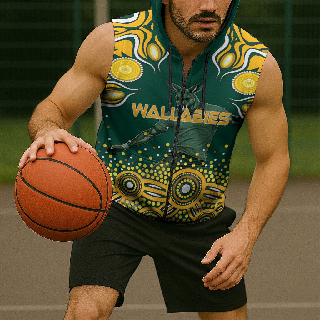 Australia Wallabies Sleeveless Zip Hoodie Aboriginal Rugby Kangaroo Mascot - Gold And Green