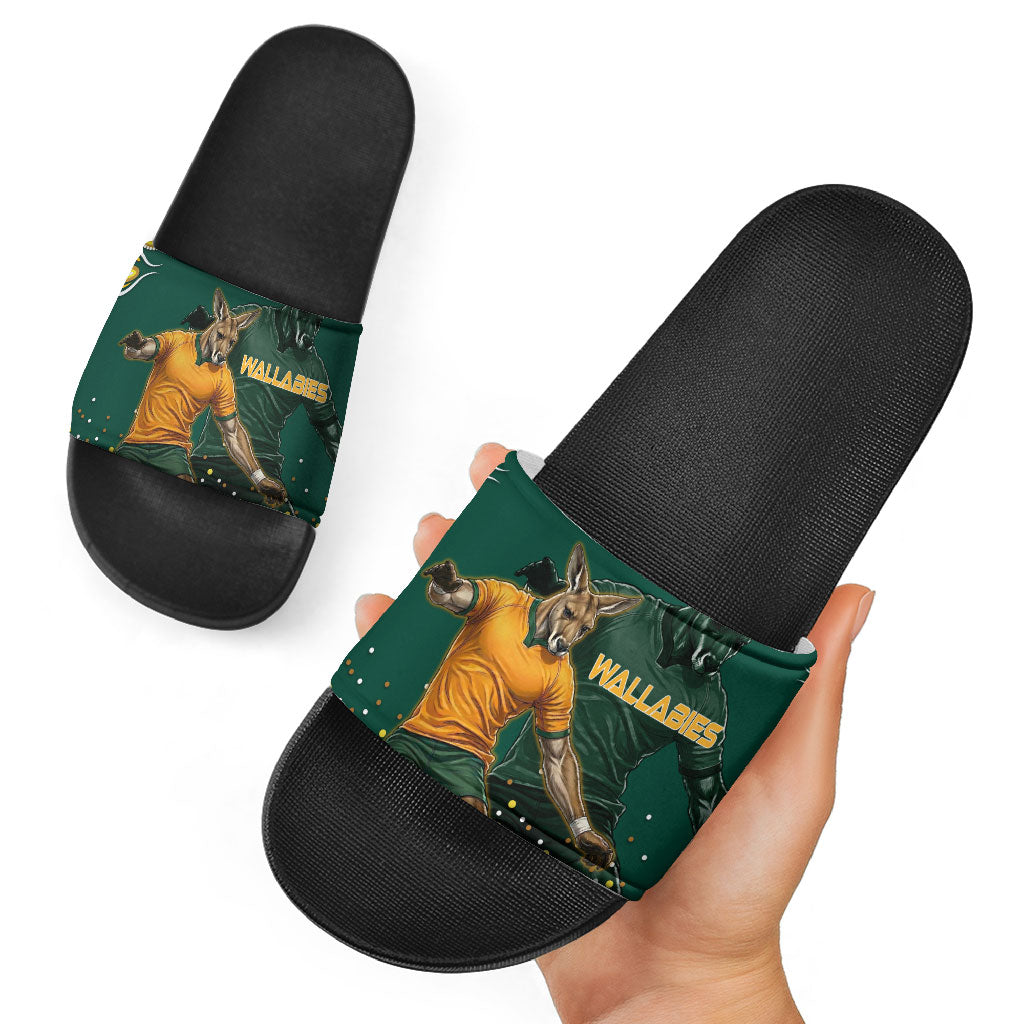 Australia Wallabies Slide Sandals Aboriginal Rugby Kangaroo Mascot - Gold And Green