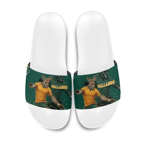 Australia Wallabies Slide Sandals Aboriginal Rugby Kangaroo Mascot - Gold And Green