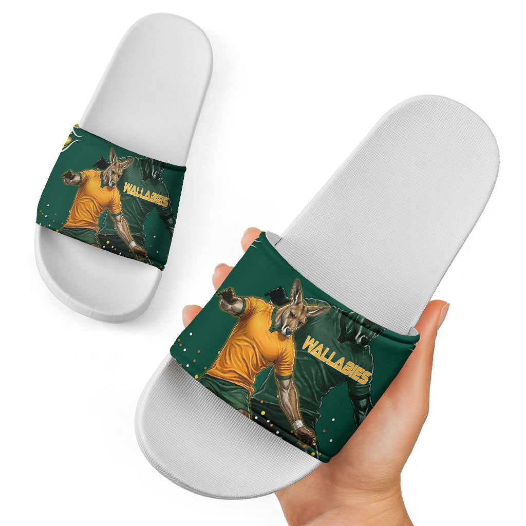 Australia Wallabies Slide Sandals Aboriginal Rugby Kangaroo Mascot - Gold And Green