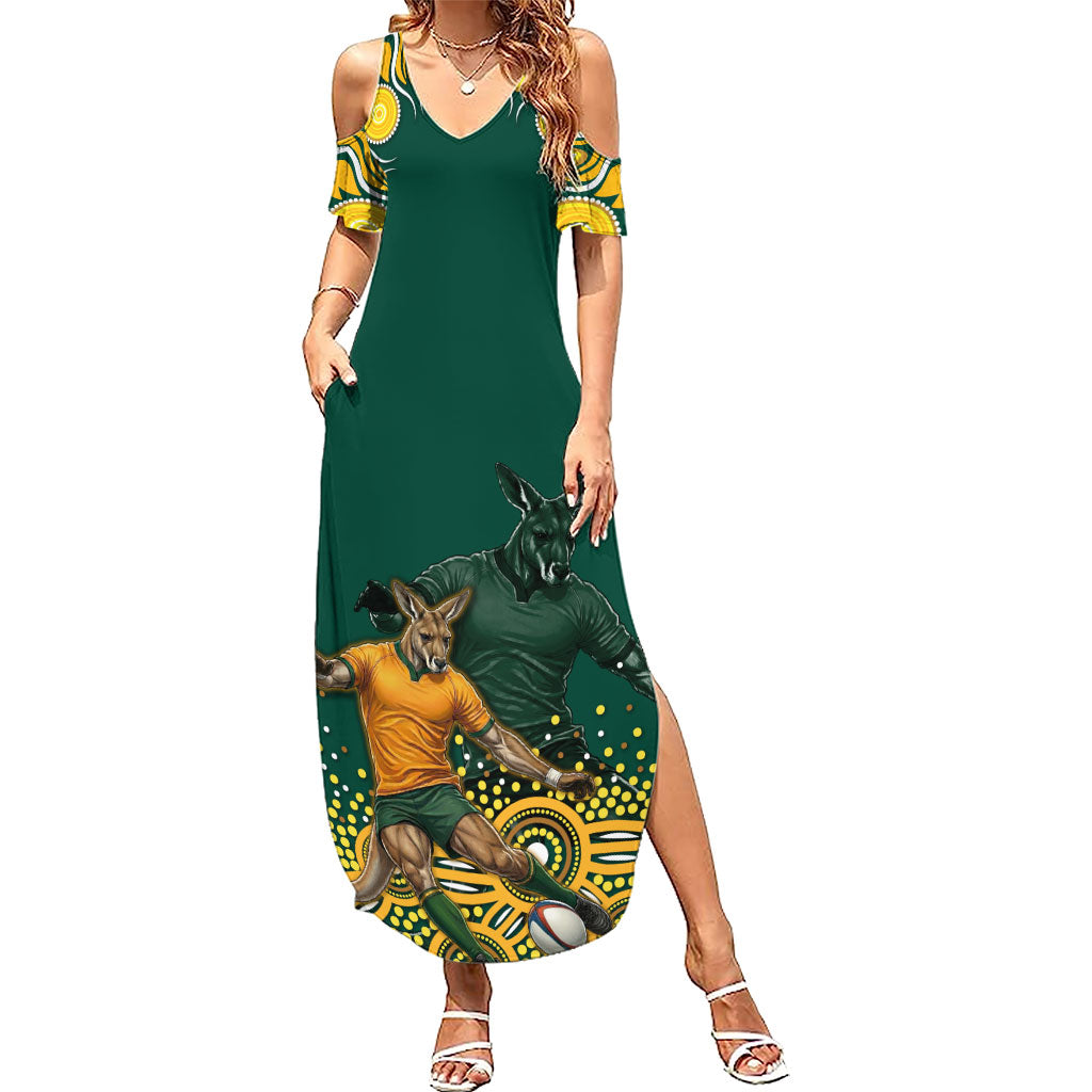 Australia Wallabies Summer Maxi Dress Aboriginal Rugby Kangaroo Mascot - Gold And Green