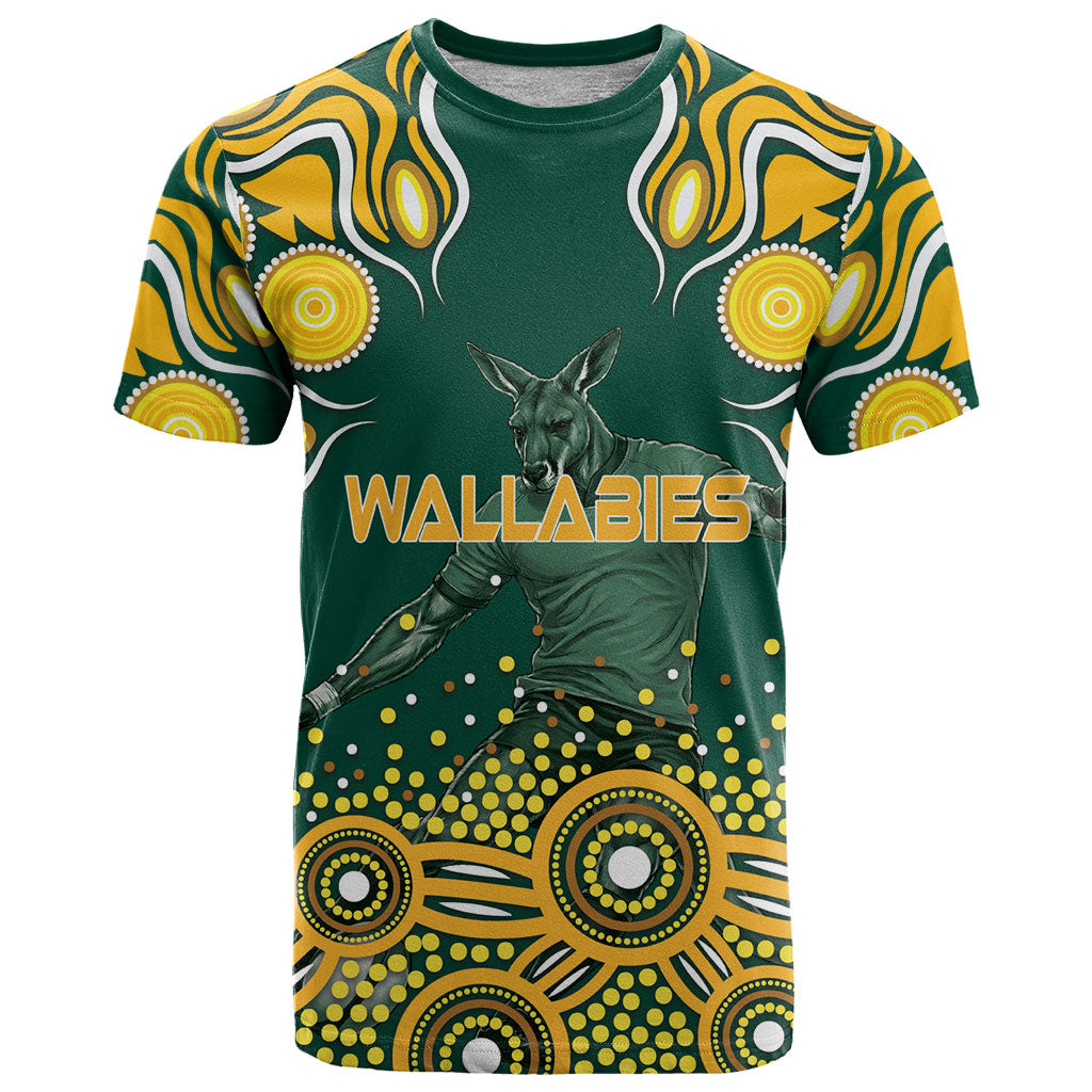 Australia Wallabies T Shirt Aboriginal Rugby Kangaroo Mascot - Gold And Green