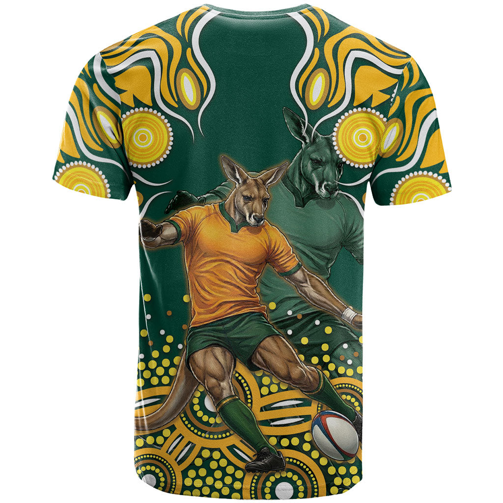 Australia Wallabies T Shirt Aboriginal Rugby Kangaroo Mascot - Gold And Green