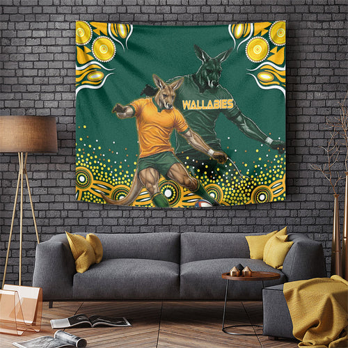 Australia Wallabies Tapestry Aboriginal Rugby Kangaroo Mascot - Gold And Green