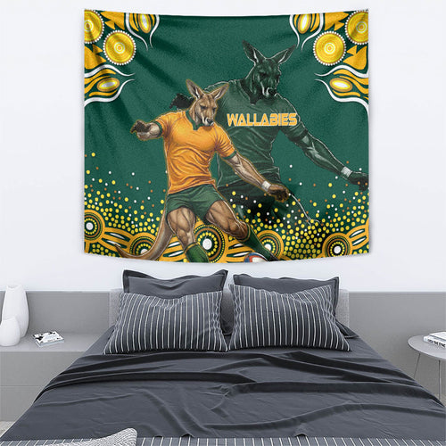 Australia Wallabies Tapestry Aboriginal Rugby Kangaroo Mascot - Gold And Green