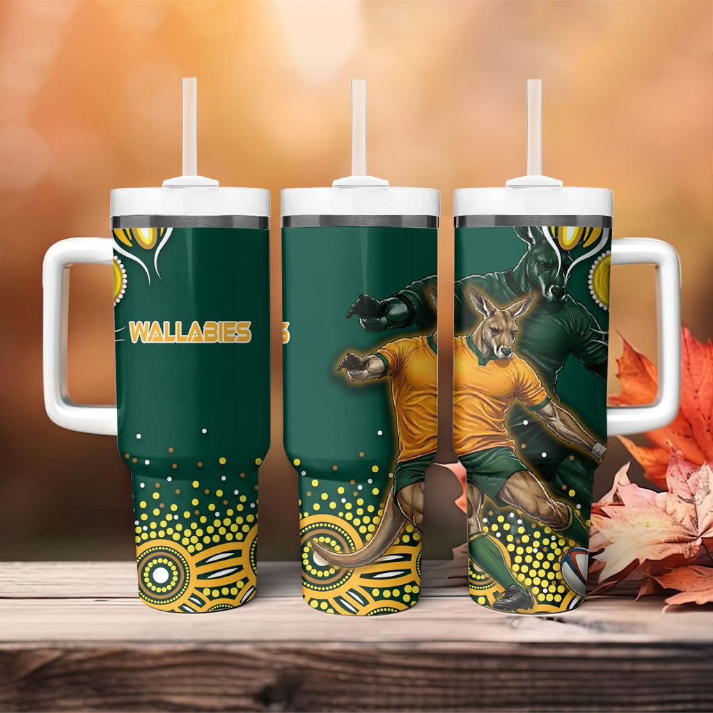 Australia Wallabies Tumbler With Handle Aboriginal Rugby Kangaroo Mascot - Gold And Green