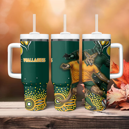Australia Wallabies Tumbler With Handle Aboriginal Rugby Kangaroo Mascot - Gold And Green