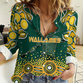 Australia Wallabies Women Casual Shirt Aboriginal Rugby Kangaroo Mascot - Gold And Green