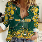 Australia Wallabies Women Casual Shirt Aboriginal Rugby Kangaroo Mascot - Gold And Green