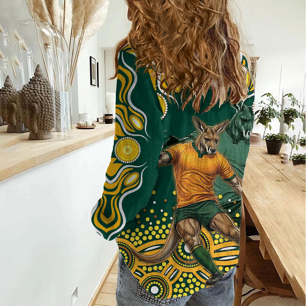 Australia Wallabies Women Casual Shirt Aboriginal Rugby Kangaroo Mascot - Gold And Green