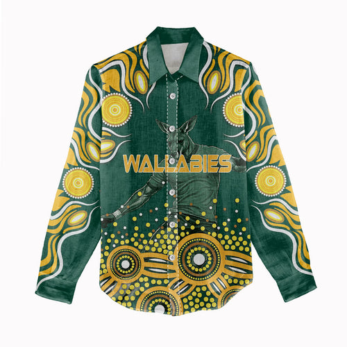 Australia Wallabies Women Casual Shirt Aboriginal Rugby Kangaroo Mascot - Gold And Green