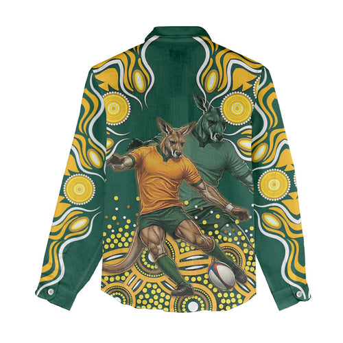 Australia Wallabies Women Casual Shirt Aboriginal Rugby Kangaroo Mascot - Gold And Green