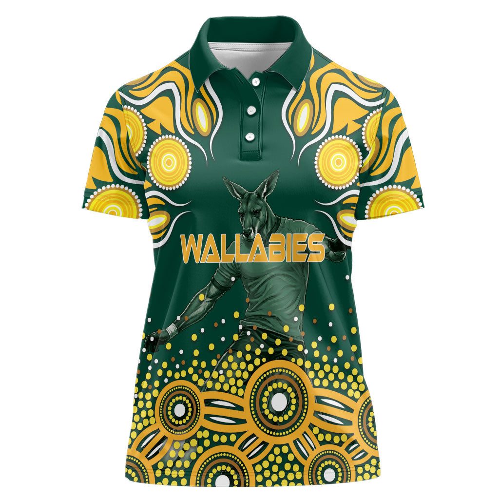 Australia Wallabies Women Polo Shirt Aboriginal Rugby Kangaroo Mascot - Gold And Green