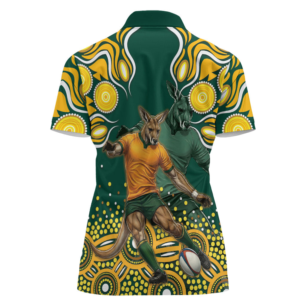 Australia Wallabies Women Polo Shirt Aboriginal Rugby Kangaroo Mascot - Gold And Green